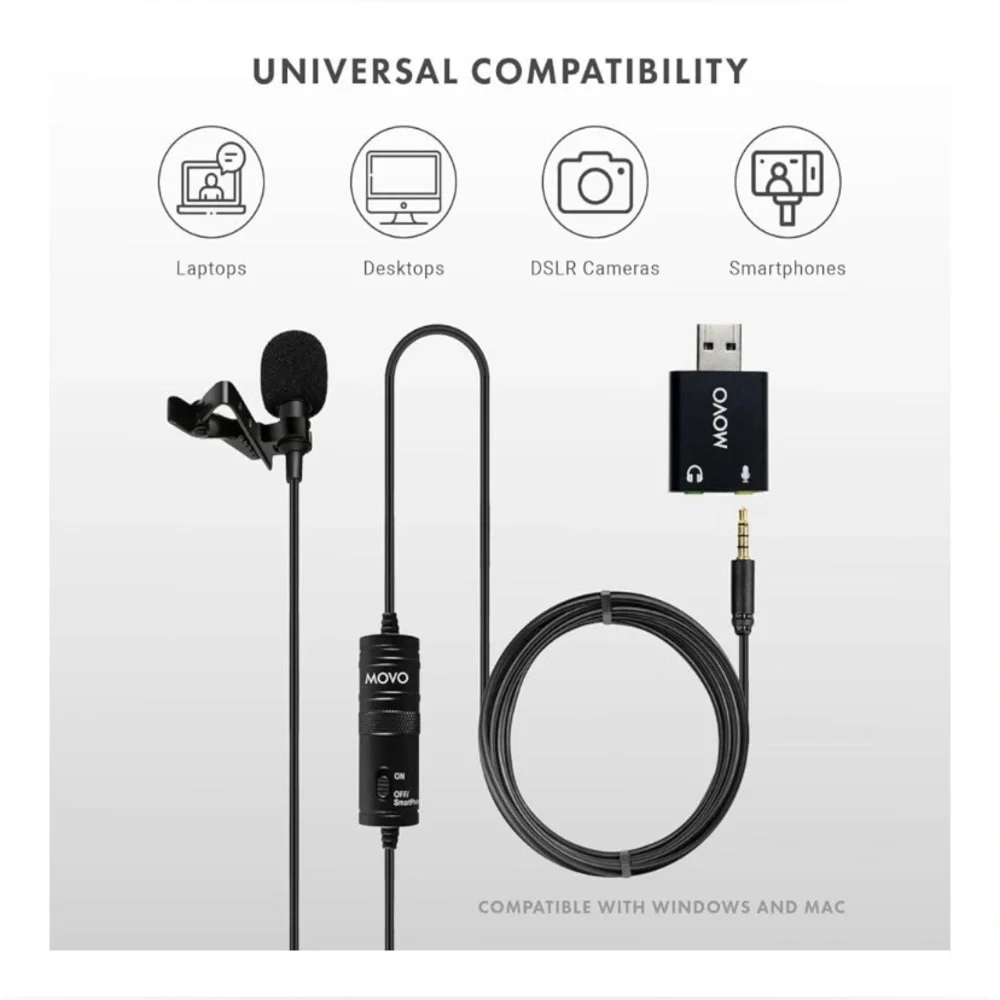 Movo LV1-USB Lavalier Microphone for Camera, Lapel iPhone & Android Smartphones
